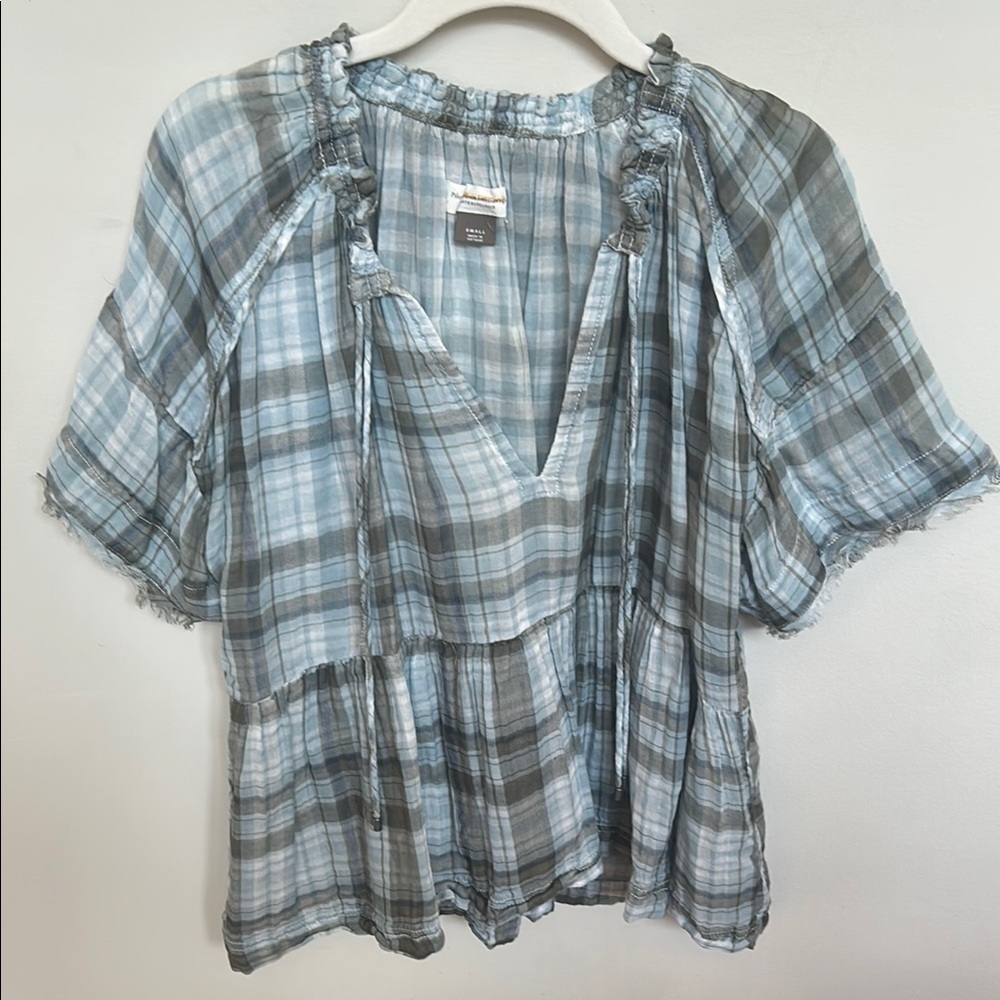 Anthropologie Blue and White Tiered Puff Sleeve Blouse - Picture 1 of 2